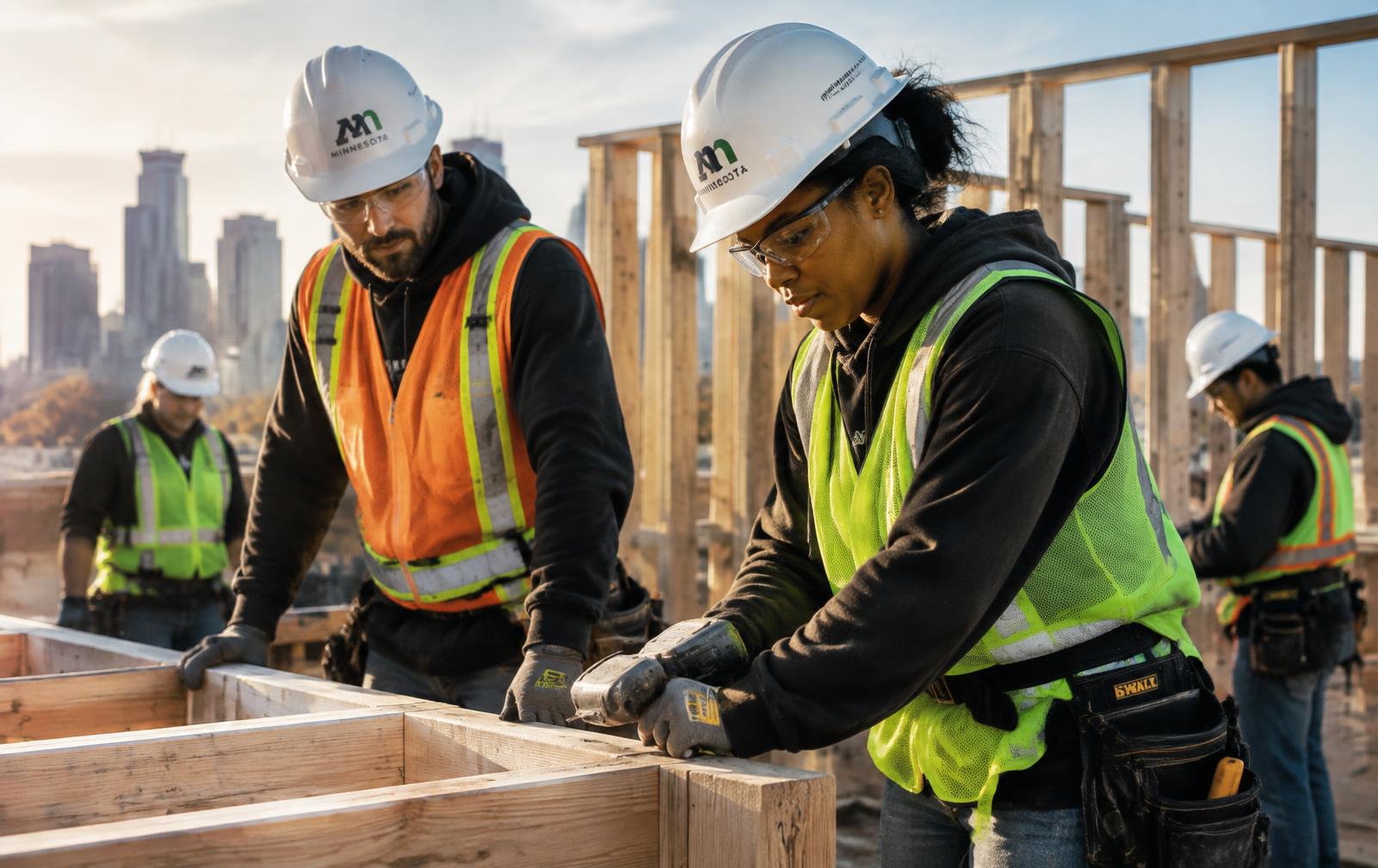 Trainees in hard hats framing a wall on a Minnesota job site